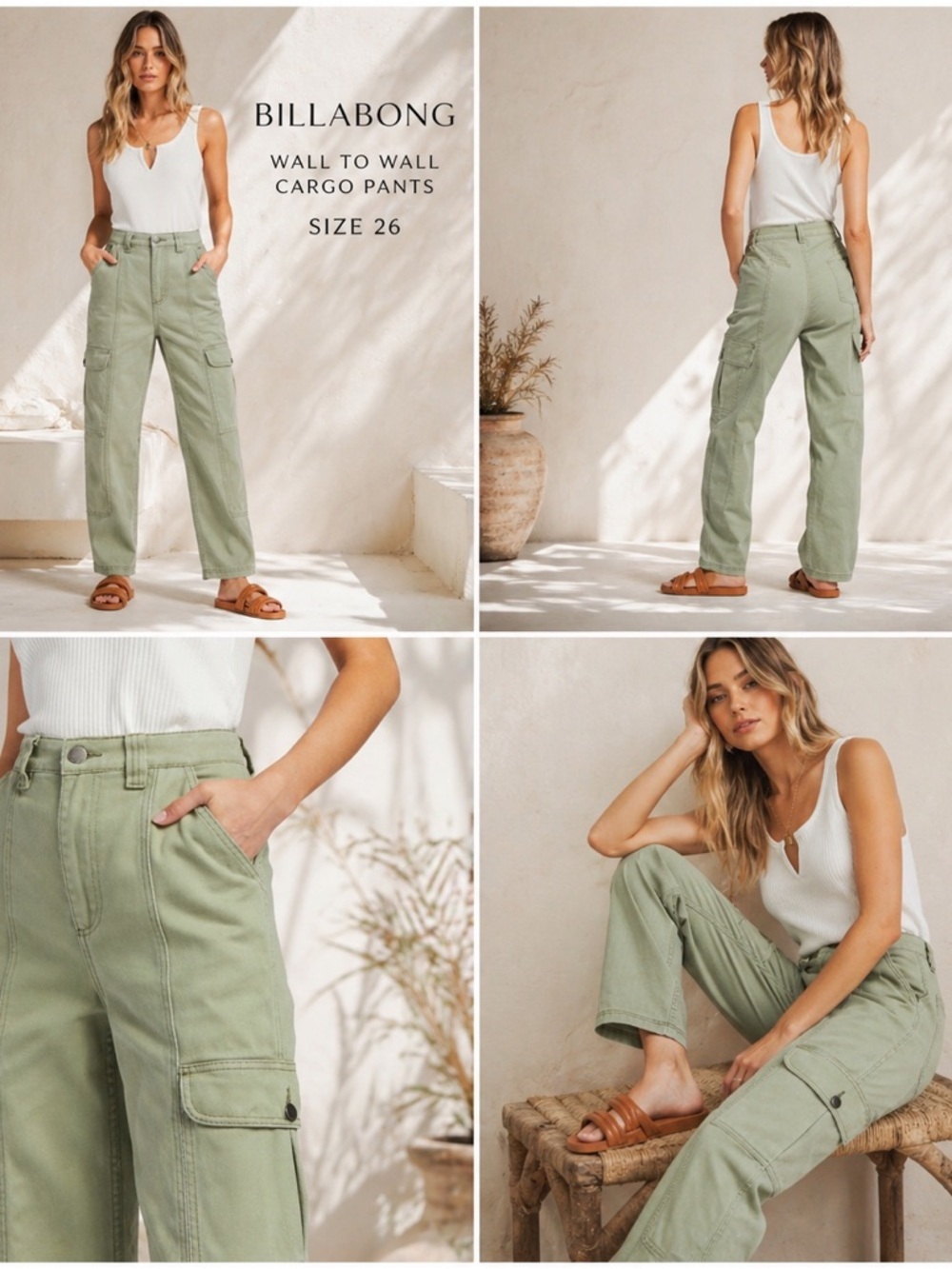 Billabong Wall to Wall Cargo Pants Sage Green Size 26 Utility Straight Leg